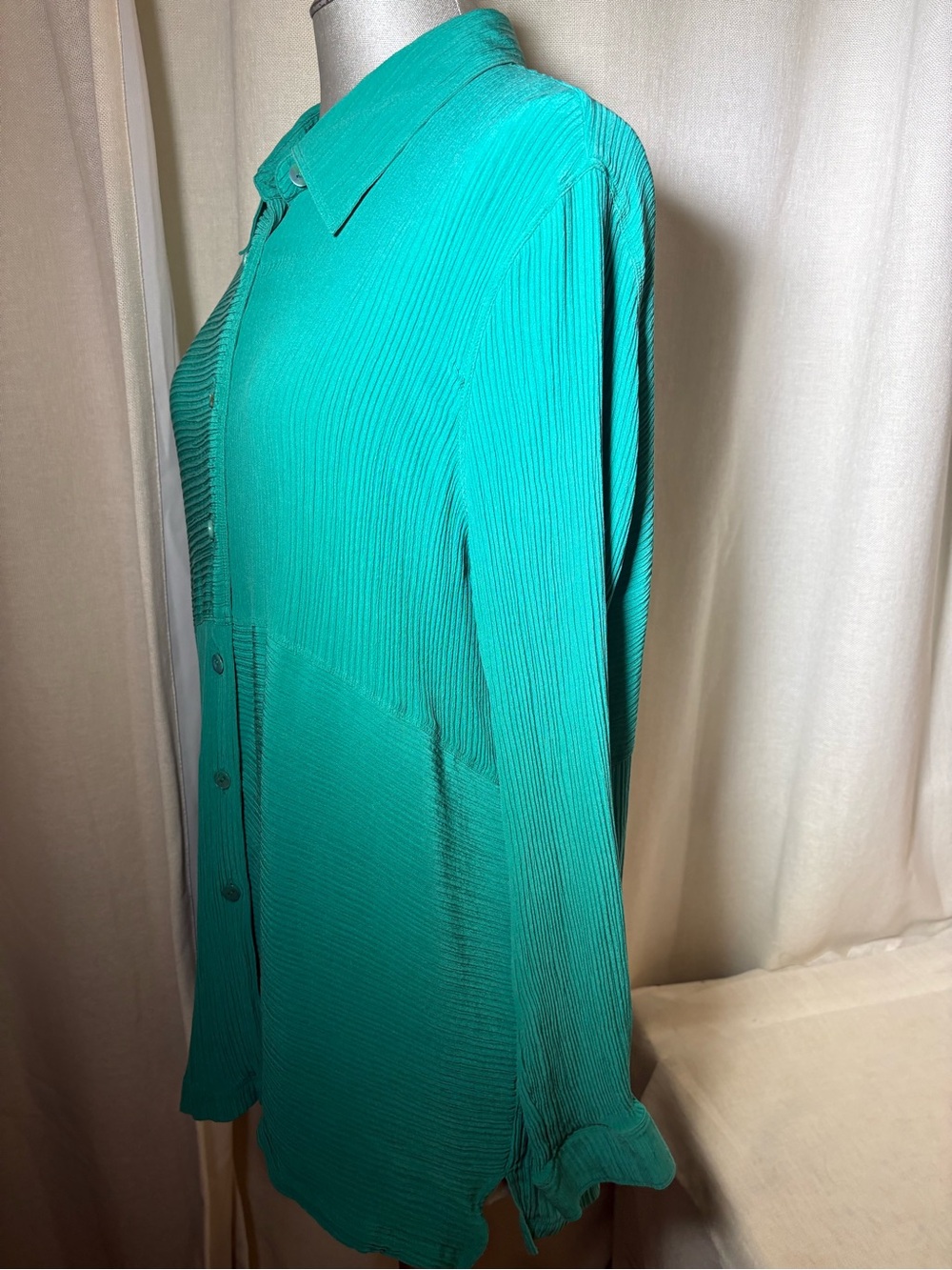 Vintage Diane Gilman Collection Teal 100% Silk Pleated Collared Blouse Size LG - Picture 7 of 11